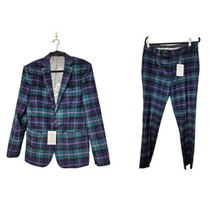 NEW Aspetto 42 36 R Wool Blend Green Tartan Plaid Suit Unhemmed Career Blazer